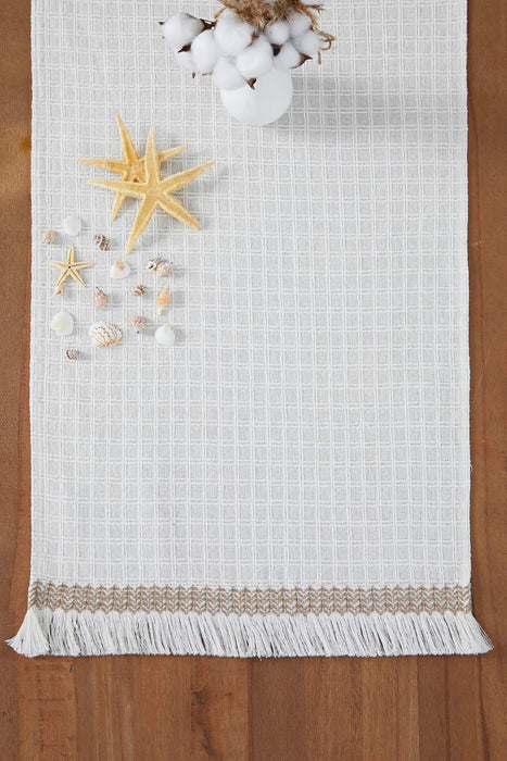 Natural Cotton Table Runner with Textured Weave and Tassel Trim, Handmade 36x16 Inches Chic Plain Table Runner, Modern Table Decoration,R-60 Ivory - Mink