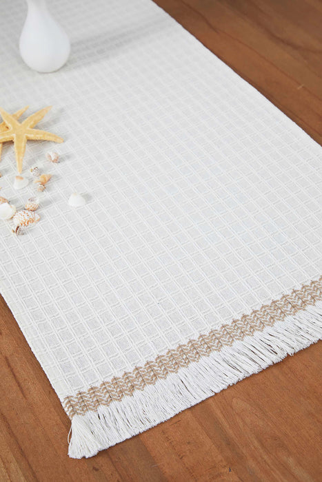 Natural Cotton Table Runner with Textured Weave and Tassel Trim, Handmade 36x16 Inches Chic Plain Table Runner, Modern Table Decoration,R-60 Ivory - Mink