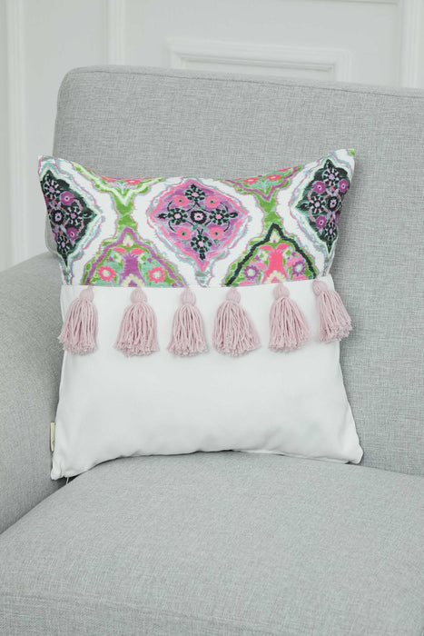 Bohemian Lumbar Printed Pillow Cover with Hanging Tassels, 18x18 Inches Decorative Patterned Cushion Cover for Eclectic Home Decors,K-271 Suzani Pattern 5 - Suzani Pattern 15