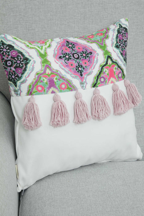 Bohemian Lumbar Printed Pillow Cover with Hanging Tassels, 18x18 Inches Decorative Patterned Cushion Cover for Eclectic Home Decors,K-271 Suzani Pattern 5 - Suzani Pattern 15