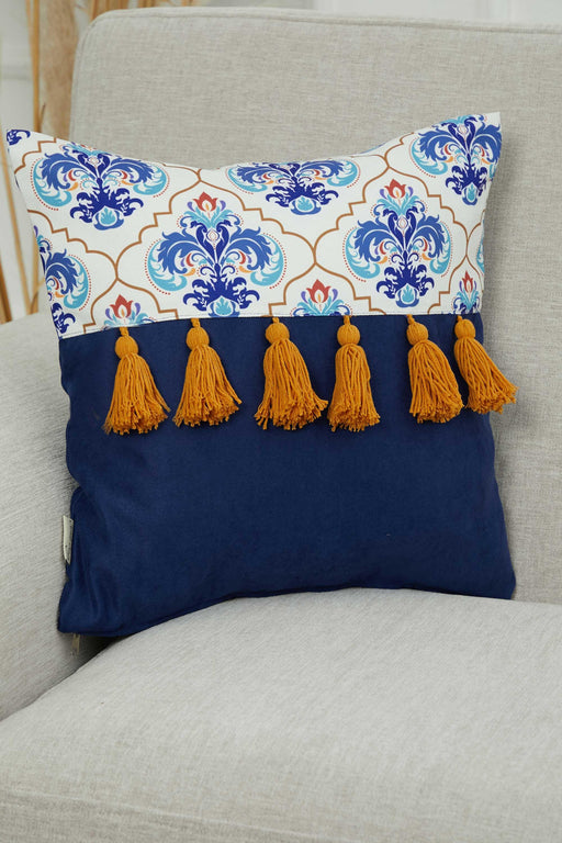 Bohemian Lumbar Printed Pillow Cover with Hanging Tassels, 18x18 Inches Decorative Patterned Cushion Cover for Eclectic Home Decors,K-271 Suzani Pattern 8 - Blue