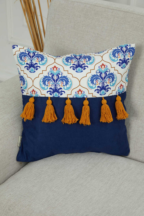 Bohemian Lumbar Printed Pillow Cover with Hanging Tassels, 18x18 Inches Decorative Patterned Cushion Cover for Eclectic Home Decors,K-271 Suzani Pattern 8 - Blue