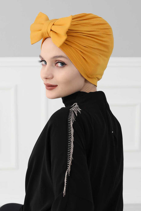 Plain Cotton Instant Turban with a Removable Big Bowtie, Chic Bonnnet Scarf Head Wrap for Women, Comfortable and Stylish Chemo Headwear,B-27