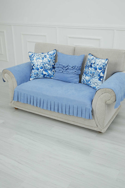 Pleated Reversible Knitted Polyester Decorative Sofa Shawl and Armrest Cover Set Furniture Protector Washable Couch Cover for Family,KTK-4 Baby Blue