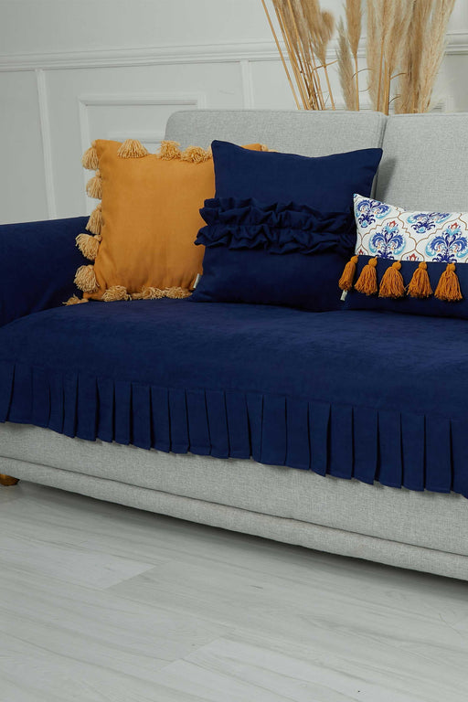 Pleated Reversible Knitted Polyester Decorative Sofa Shawl and Armrest Cover Set Furniture Protector Washable Couch Cover for Family,KTK-5 Blue