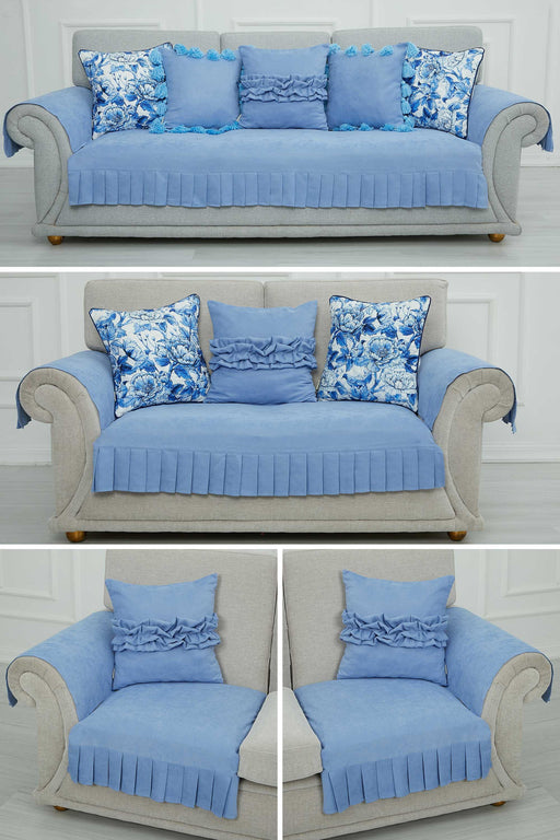 Pleated Reversible Knitted Polyester Decorative Sofa Shawl and Armrest Cover Set Furniture Protector Washable Couch Cover for Family,KTK-9 Baby Blue