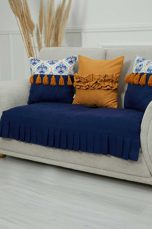 Pleated Reversible Knitted Polyester Decorative Sofa Shawl and Throw Blanket Furniture Protector Washable Couch Cover for Family,KO-28 Blue