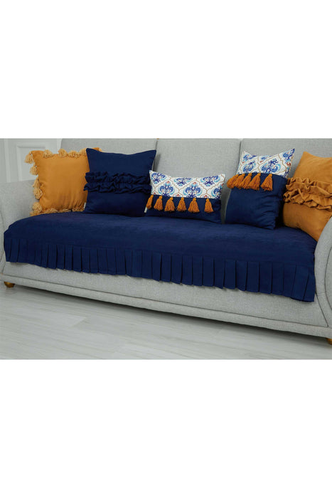 Pleated Reversible Knitted Polyester Decorative Sofa Shawl and Throw Blanket Furniture Protector Washable Couch Cover for Family,KO-29 Blue