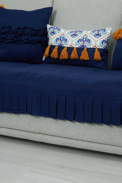 Pleated Reversible Knitted Polyester Decorative Sofa Shawl and Throw Blanket Furniture Protector Washable Couch Cover for Family,KO-29 Blue