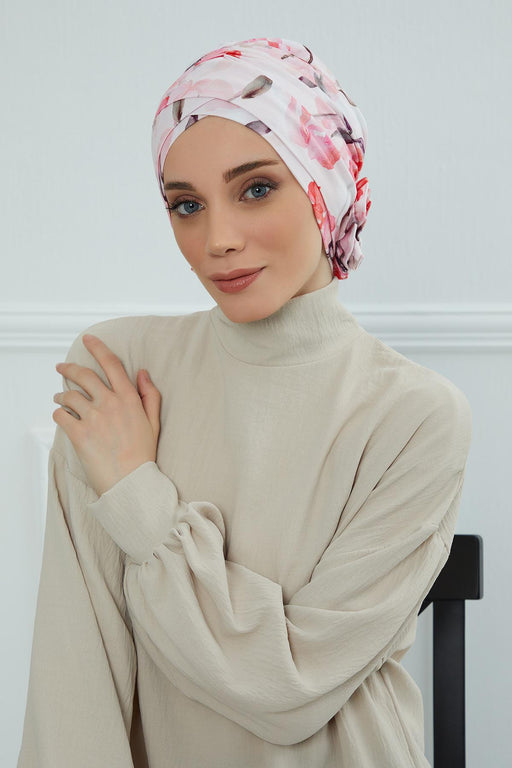 Printed Instant Turban for Women 95% Cotton Head Wrap, Lightweight Cancer Chemo Head Wear with Rose Detail at the Back Side,B-26YD Rose Garden