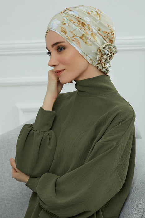 Printed Instant Turban for Women 95% Cotton Head Wrap, Lightweight Cancer Chemo Head Wear with Rose Detail at the Back Side,B-26YD Whispering Blooms