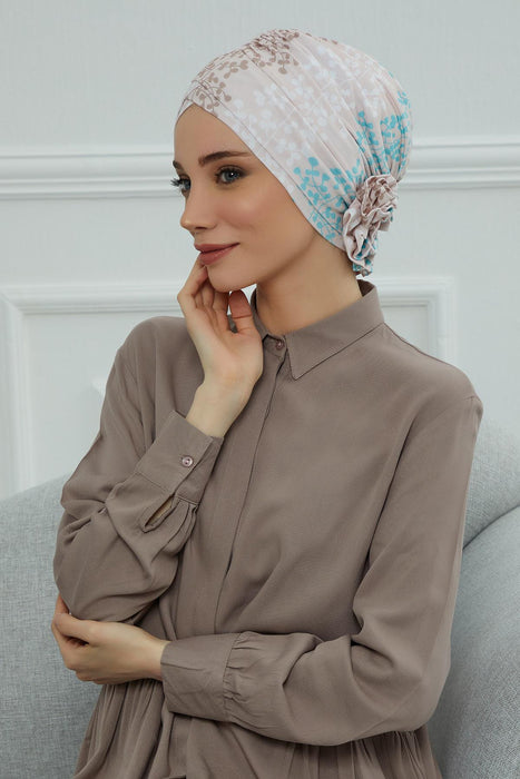 Printed Instant Turban for Women 95% Cotton Head Wrap, Lightweight Cancer Chemo Head Wear with Rose Detail at the Back Side,B-26YD Spring Awakening