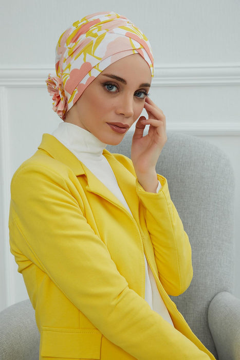 Printed Instant Turban for Women 95% Cotton Head Wrap, Lightweight Cancer Chemo Head Wear with Rose Detail at the Back Side,B-26YD Floral Sunrise