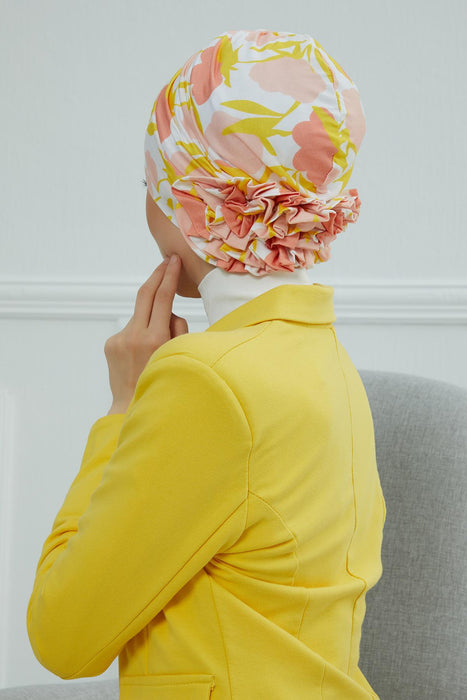 Printed Instant Turban for Women 95% Cotton Head Wrap, Lightweight Cancer Chemo Head Wear with Rose Detail at the Back Side,B-26YD Floral Sunrise