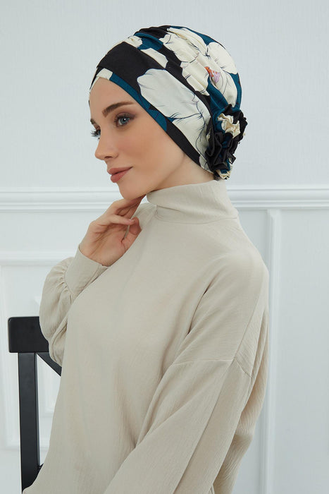 Printed Instant Turban for Women 95% Cotton Head Wrap, Lightweight Cancer Chemo Head Wear with Rose Detail at the Back Side,B-26YD Midnight Blossoms