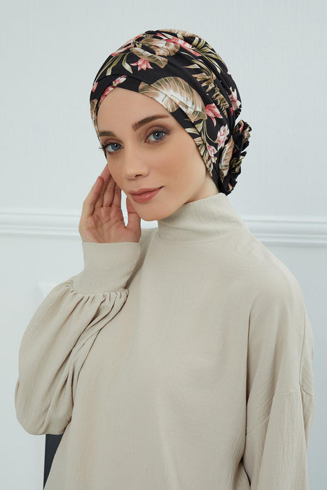Printed Instant Turban for Women 95% Cotton Head Wrap, Lightweight Cancer Chemo Head Wear with Rose Detail at the Back Side,B-26YD Dark Forest