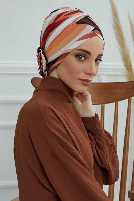 Printed Instant Turban for Women 95% Cotton Head Wrap, Lightweight Cancer Chemo Head Wear with Rose Detail at the Back Side,B-26YD Retro Waves