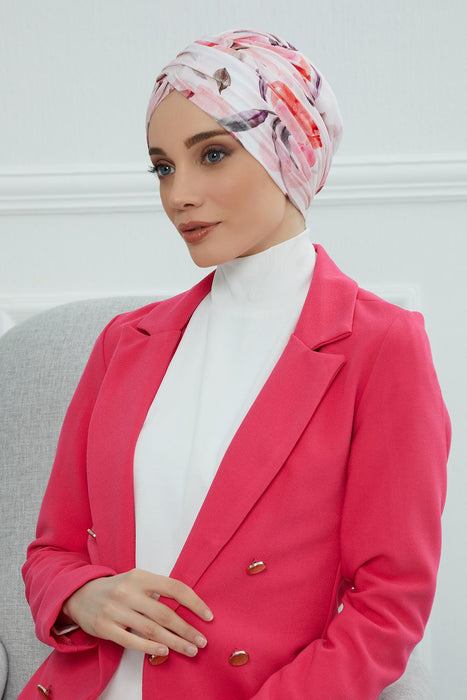 Printed Instant Turban for Women, 95% Cotton Pre-Tied Head Wrap, Lightweight Head Scarf Bonnet Cap with Beautiful Pattern Options,B-9YD Rose Garden