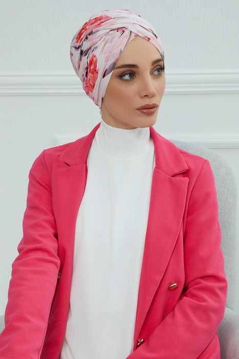 Printed Instant Turban for Women, 95% Cotton Pre-Tied Head Wrap, Lightweight Head Scarf Bonnet Cap with Beautiful Pattern Options,B-9YD Rose Garden