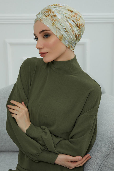 Printed Instant Turban for Women, 95% Cotton Pre-Tied Head Wrap, Lightweight Head Scarf Bonnet Cap with Beautiful Pattern Options,B-9YD Whispering Blooms