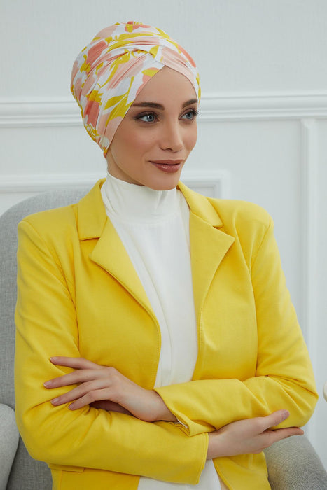 Printed Instant Turban for Women, 95% Cotton Pre-Tied Head Wrap, Lightweight Head Scarf Bonnet Cap with Beautiful Pattern Options,B-9YD Floral Sunrise