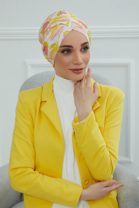 Printed Instant Turban for Women, 95% Cotton Pre-Tied Head Wrap, Lightweight Head Scarf Bonnet Cap with Beautiful Pattern Options,B-9YD Floral Sunrise