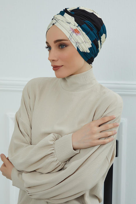 Printed Instant Turban for Women, 95% Cotton Pre-Tied Head Wrap, Lightweight Head Scarf Bonnet Cap with Beautiful Pattern Options,B-9YD Midnight Blossoms
