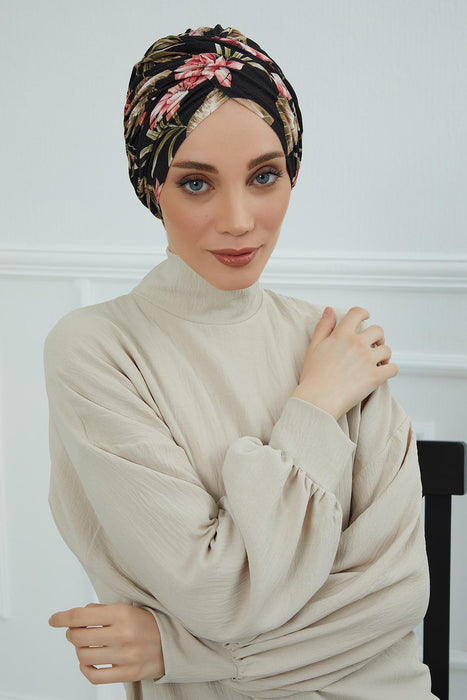 Printed Instant Turban for Women, 95% Cotton Pre-Tied Head Wrap, Lightweight Head Scarf Bonnet Cap with Beautiful Pattern Options,B-9YD Dark Forest
