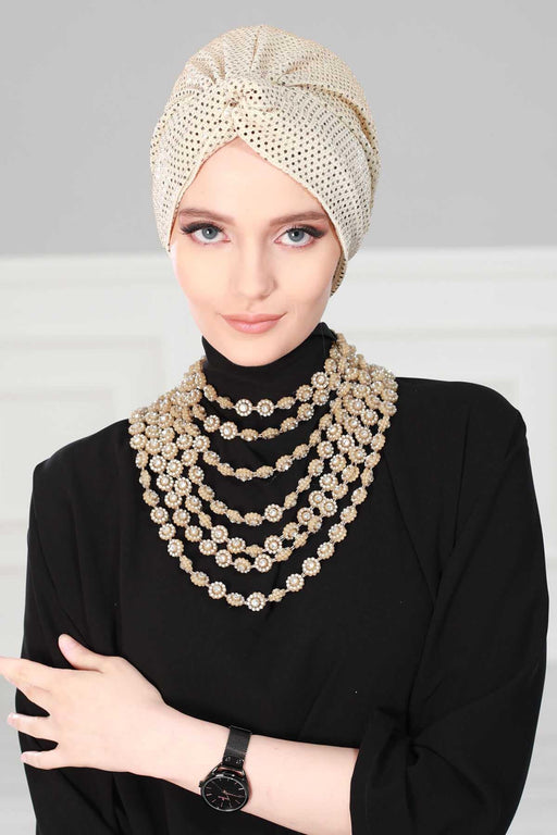 Maharajah Sequined Instant Turban Hijab Sparkling Gold Sequin Head Wrap Luxurious Pre-Tied Headscarf, Modest Fashion Bonnet Cap Wear,B-4MU Gold