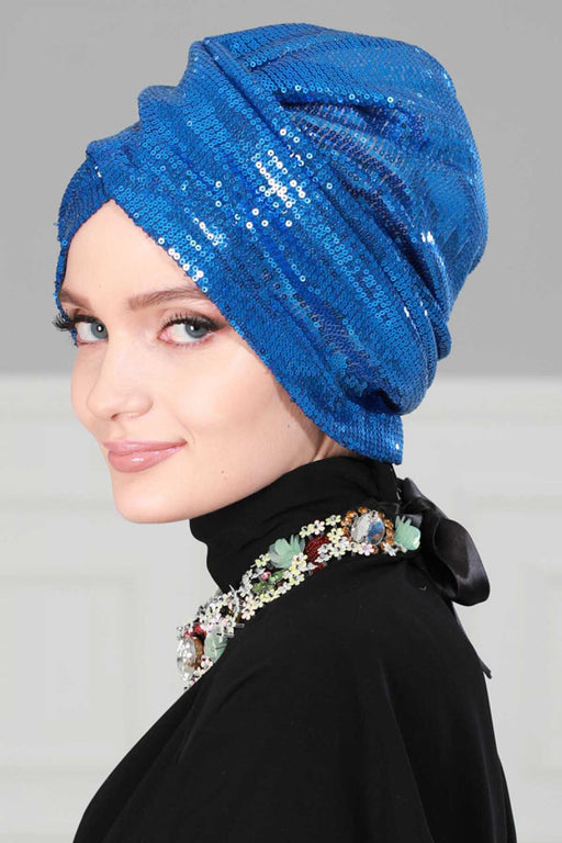 Chic Sequined Instant Turban for Women, Elegant & Easy Head Wrap, Versatile Fashion Hijab Cap, Breathable Hair Loss Chemo Headwear,B-9P Sax Blue