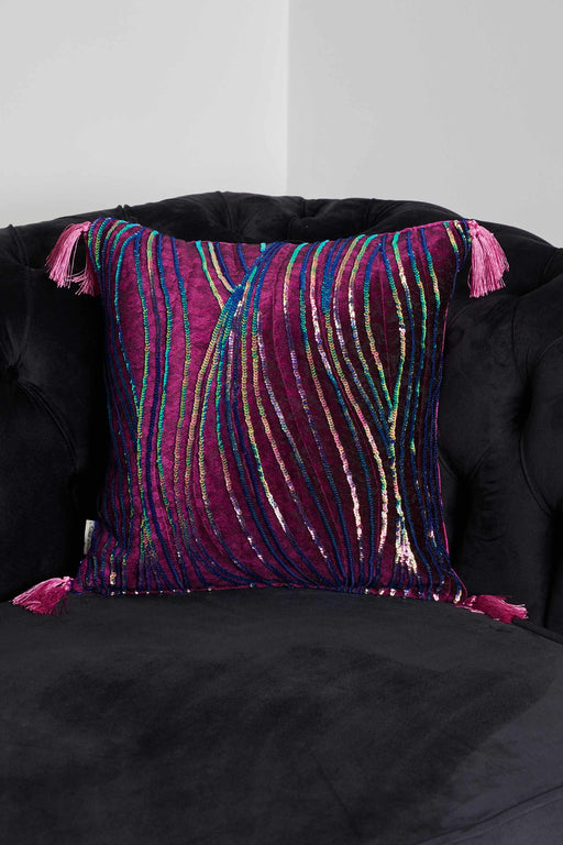 Sequined Tasseled Velvet Pillow Cover with Adorable Pattern, 18x18 Inches Stylish Throw Pillow Cover for Modern Home Decoration,K-332 Purple