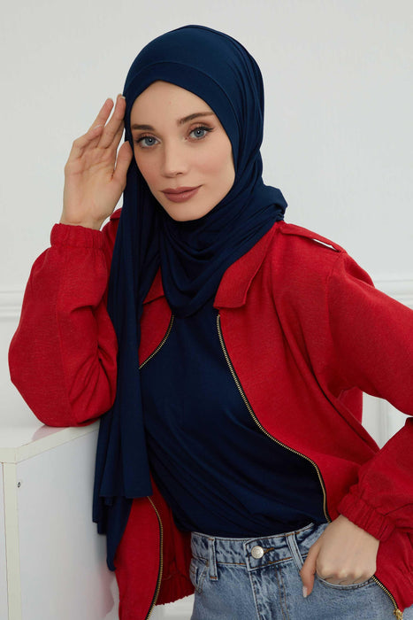 Shawl for Women Cotton Modesty Instant Turban Cap Hat Head Wrap Ready to Wear Side Pleated Scarf,PS-17 Navy Blue