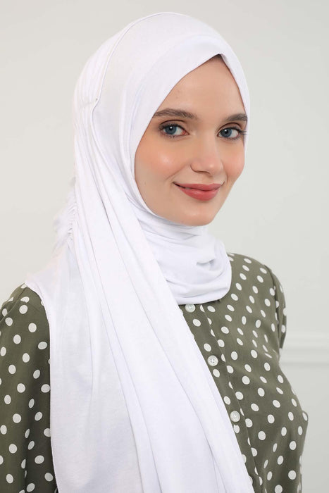 Shawl for Women Cotton Modesty Instant Turban Cap Hat Head Wrap Ready to Wear Side Pleated Scarf,PS-17 White