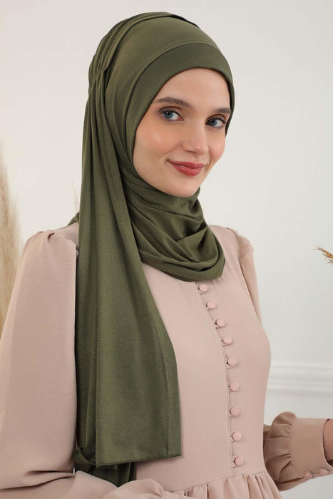 Shawl for Women Cotton Modesty Instant Turban Cap Hat Head Wrap Ready to Wear Side Pleated Scarf,PS-17 Army Green