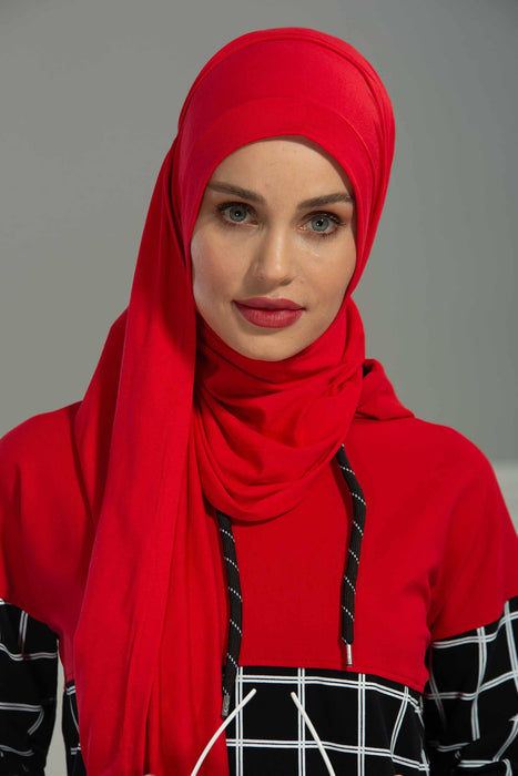 Shawl for Women Cotton Modesty Instant Turban Cap Hat Head Wrap Ready to Wear Side Pleated Scarf,PS-17 Red