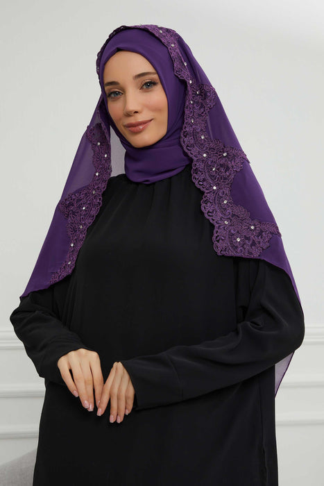 Chiffon Shawl with Handmade Unique Lace & Stone Accessories for Women, Modesty Instant Turban Cap Hat Head Wrap Stylish Long Headscarf,PS-24 Purple
