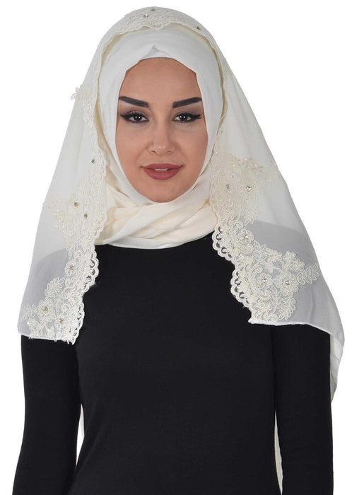 Chiffon Shawl with Handmade Unique Lace & Stone Accessories for Women, Modesty Instant Turban Cap Hat Head Wrap Stylish Long Headscarf,PS-24 Ivory