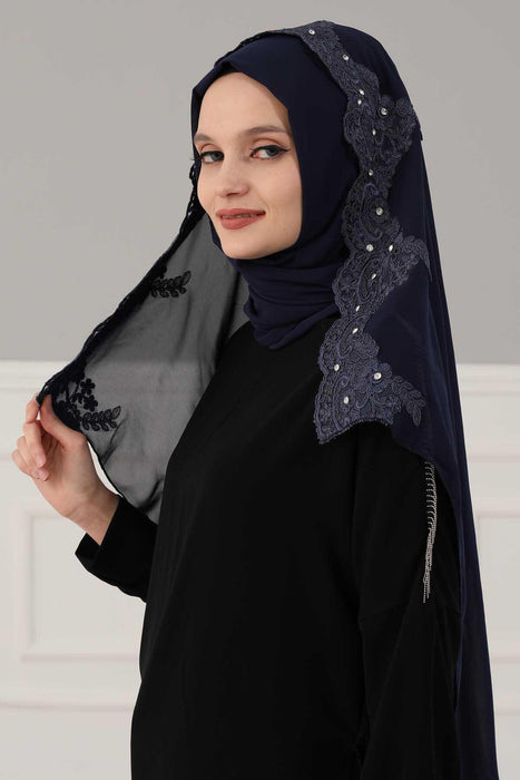 Chiffon Shawl with Handmade Unique Lace & Stone Accessories for Women, Modesty Instant Turban Cap Hat Head Wrap Stylish Long Headscarf,PS-24 Navy Blue