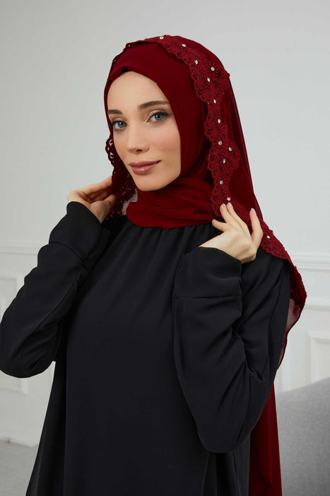 Chiffon Shawl with Handmade Unique Lace & Stone Accessories for Women, Modesty Instant Turban Cap Hat Head Wrap Stylish Long Headscarf,PS-24 Maroon