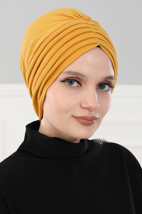 Shirred Elegance Head Turban For Women Fashion Instant Turban Shirred Head Scarf, Plain & Comfortable Stylish Bonnet Cap for Women,B-13 Mustard Yellow