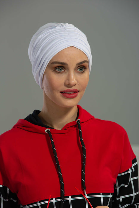 Shirred Elegance Head Turban For Women Fashion Instant Turban Shirred Head Scarf, Plain & Comfortable Stylish Bonnet Cap for Women,B-13 White