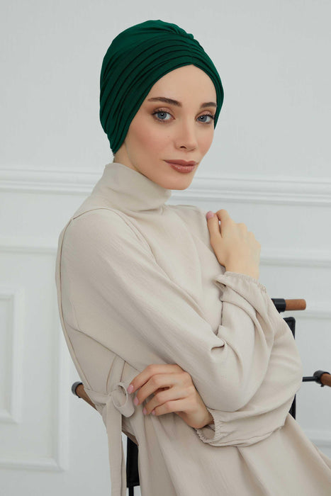 Shirred Elegance Head Turban For Women Fashion Instant Turban Shirred Head Scarf, Plain & Comfortable Stylish Bonnet Cap for Women,B-13 Green
