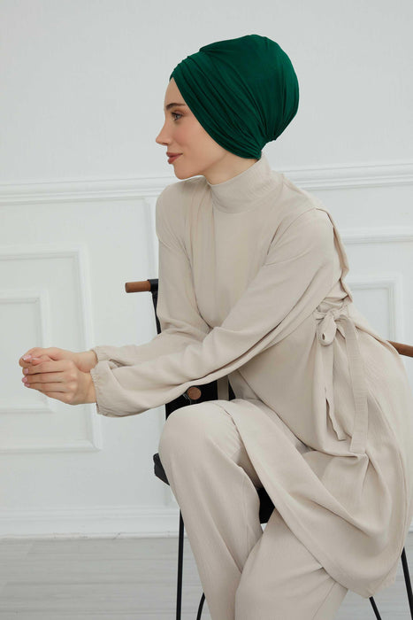 Shirred Elegance Head Turban For Women Fashion Instant Turban Shirred Head Scarf, Plain & Comfortable Stylish Bonnet Cap for Women,B-13 Green