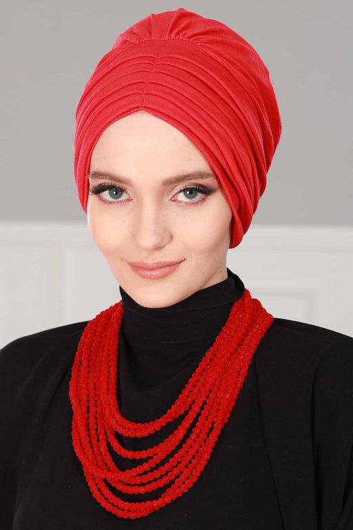 Shirred Elegance Head Turban For Women Fashion Instant Turban Shirred Head Scarf, Plain & Comfortable Stylish Bonnet Cap for Women,B-13 Red