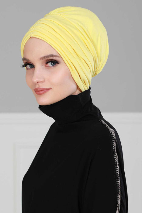 Shirred Elegance Head Turban For Women Fashion Instant Turban Shirred Head Scarf, Plain & Comfortable Stylish Bonnet Cap for Women,B-13 Yellow