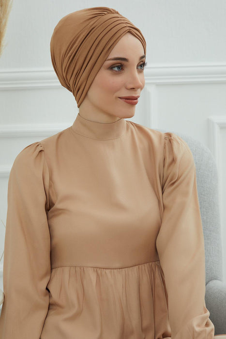 Shirred Elegance Head Turban For Women Fashion Instant Turban Shirred Head Scarf, Plain & Comfortable Stylish Bonnet Cap for Women,B-13 Light Brown