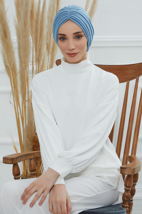Shirred Elegance Head Turban For Women Fashion Instant Turban Shirred Head Scarf, Plain & Comfortable Stylish Bonnet Cap for Women,B-13 Blue