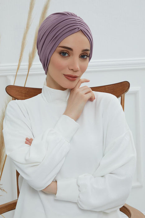 Shirred Elegance Head Turban For Women Fashion Instant Turban Shirred Head Scarf, Plain & Comfortable Stylish Bonnet Cap for Women,B-13 Lilac