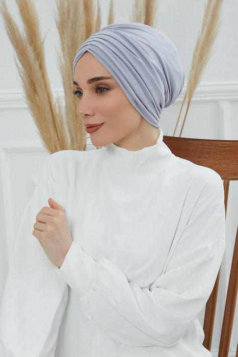 Shirred Elegance Head Turban For Women Fashion Instant Turban Shirred Head Scarf, Plain & Comfortable Stylish Bonnet Cap for Women,B-13 Grey 2