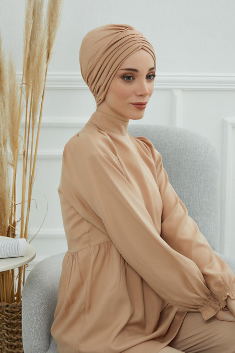 Shirred Elegance Head Turban For Women Fashion Instant Turban Shirred Head Scarf, Plain & Comfortable Stylish Bonnet Cap for Women,B-13 Sand Brown